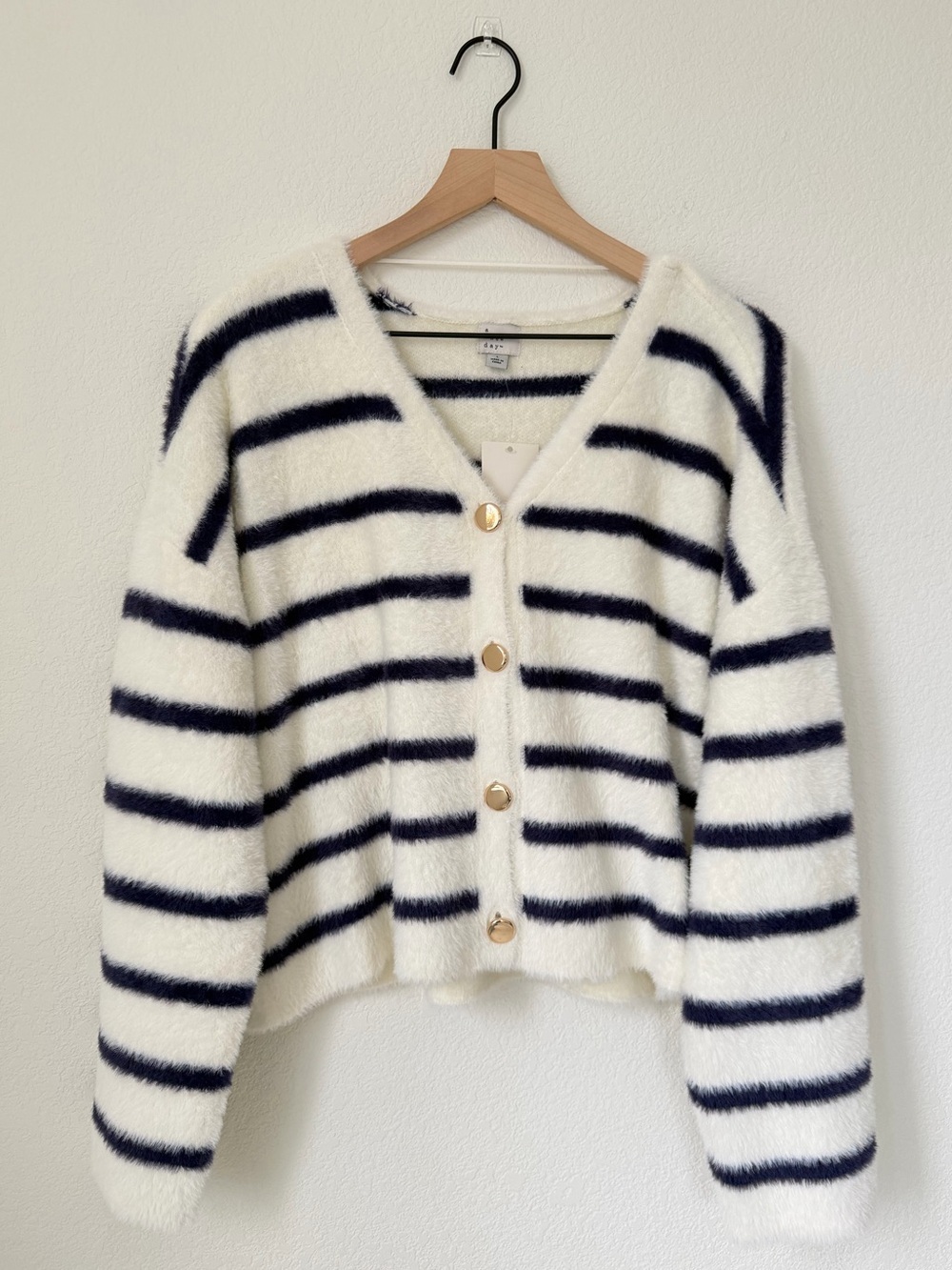A New Day Women's Fuzzy Party Cardigan in cream and navy blue stripes Size L NWT